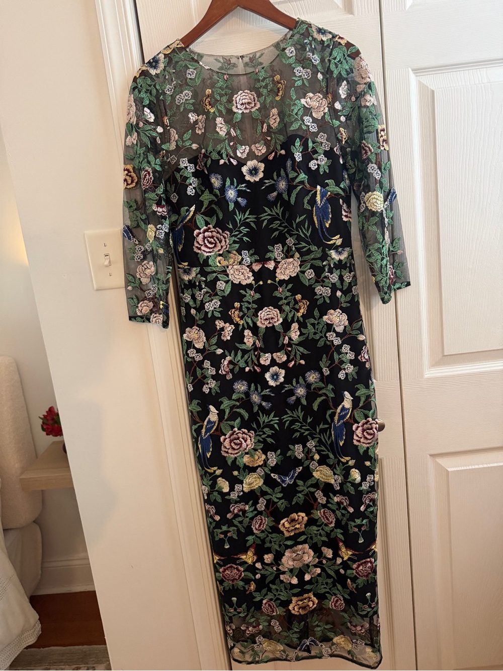 Marchesa Black Embroidered Floral Maxi Dress with Green and Blue Accents